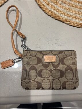Coach Brown/Tan Signature Canvas Wristlet with Leather Strap